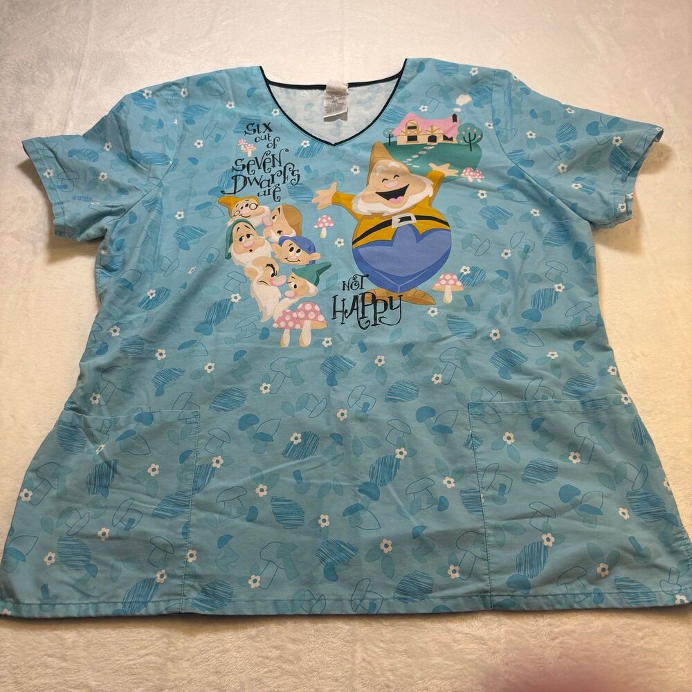 Disney Snow White Seven Dwarfs Scrub Top 2XL Blue Not Happy Graphic Nurse